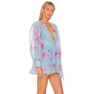 LoveShackFancy Varsha Mini Dress in Ocean Reef Blue Pink Floral‎ Size 12
